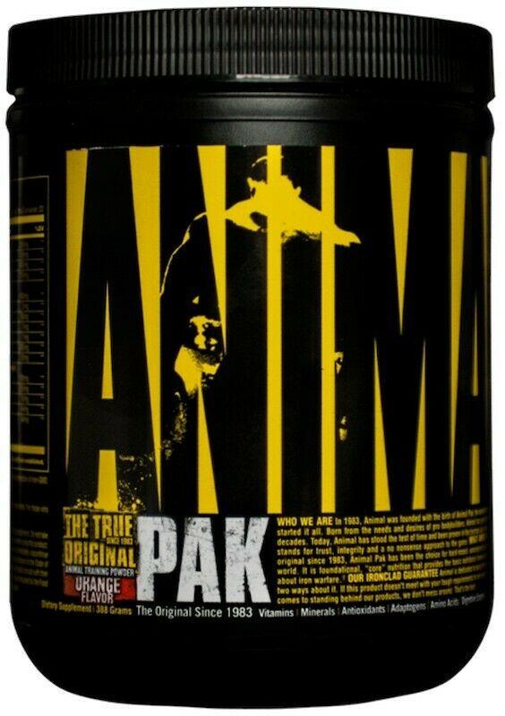 Black and yellow Animal Pak workout supplement powder tub, great-tasting powder for fitness fans