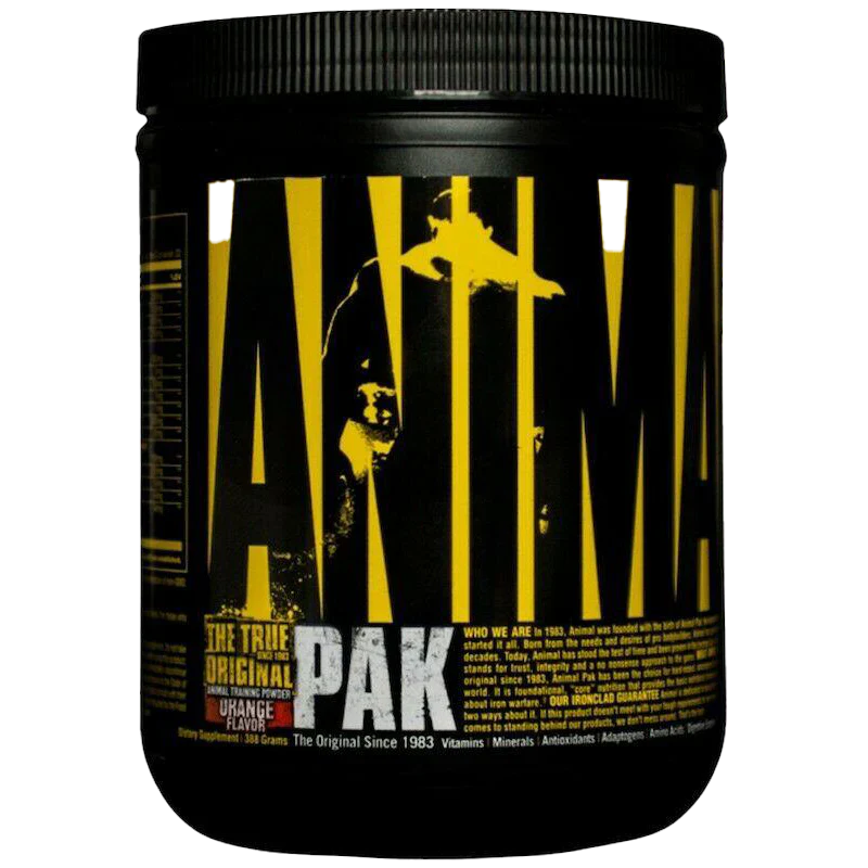 Black and yellow Animal Pak container, a great-tasting powder for nutrition fans