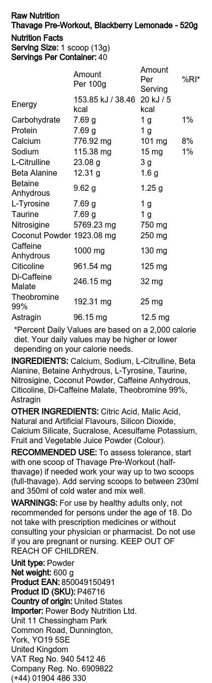 Raw Nutrition Thavage EU - Pre-Workout Powder