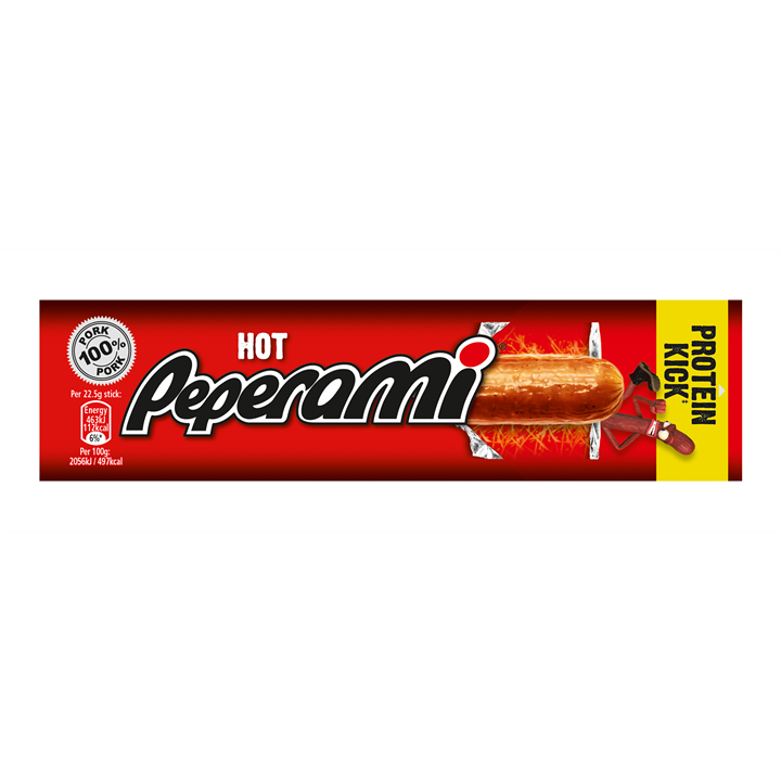 Red Hot Peperami Salami pork sausage stick package on display