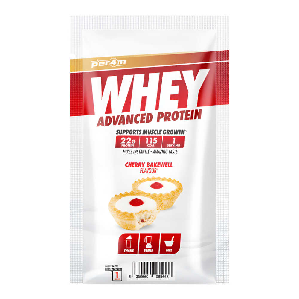 Per4m Advanced Whey Protein Sachet with cherry bakewell flavor for muscle gains