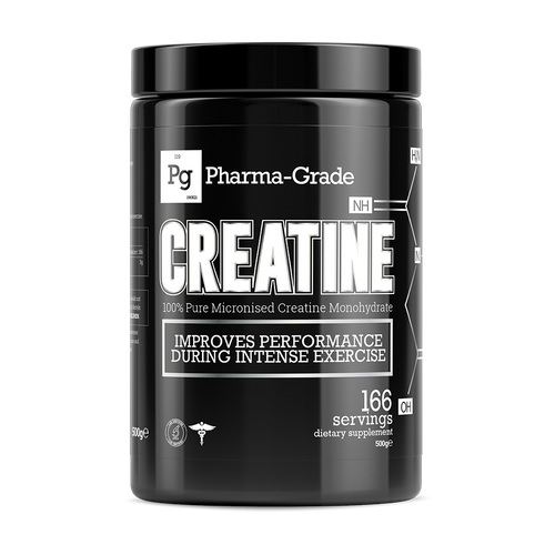 Black plastic container of Pharma Grade Creatine supporting lean muscle and enhances recovery
