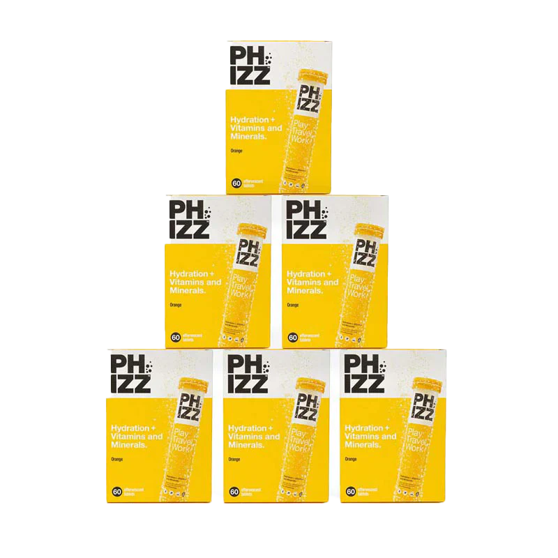 Stack of six Phizz 3-in-1 Multivitamin rehydration electrolyte effervescent packs for big night hydration