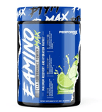 Blue Performax Labs Eamino Max container with lime and cucumber images showing amino acids