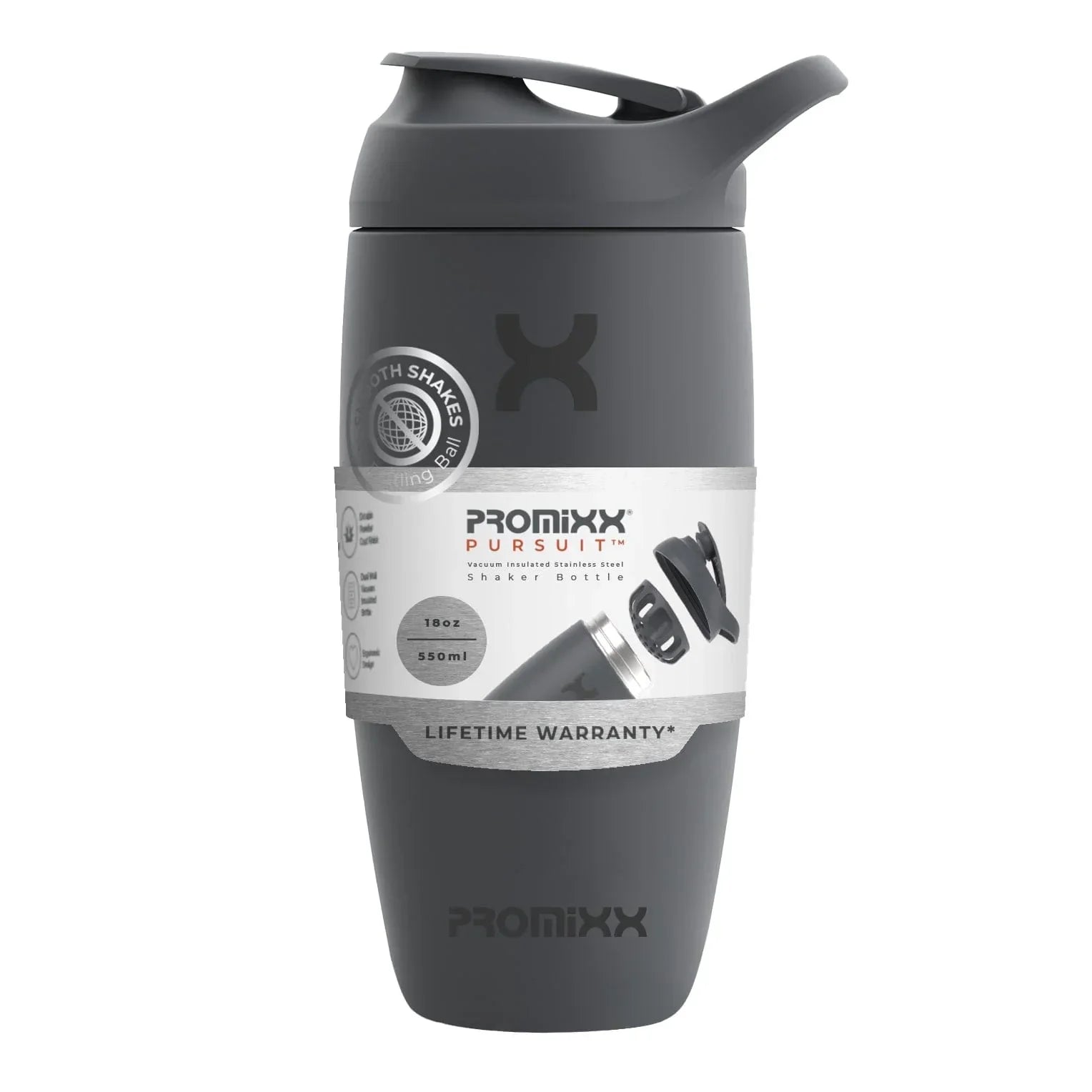 PROMiXX Pursuit Stainless-Steel Shaker Bottle - 550ml / Graphite - Shaker Bottle (Less Than 2 Litres)