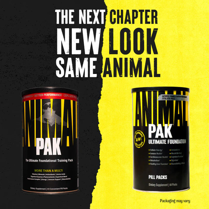 Animal Pak dietary supplements with old and new packaging, great-tasting powder option