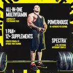 Muscular man with animal pak great-tasting powder supplement standing over barbell