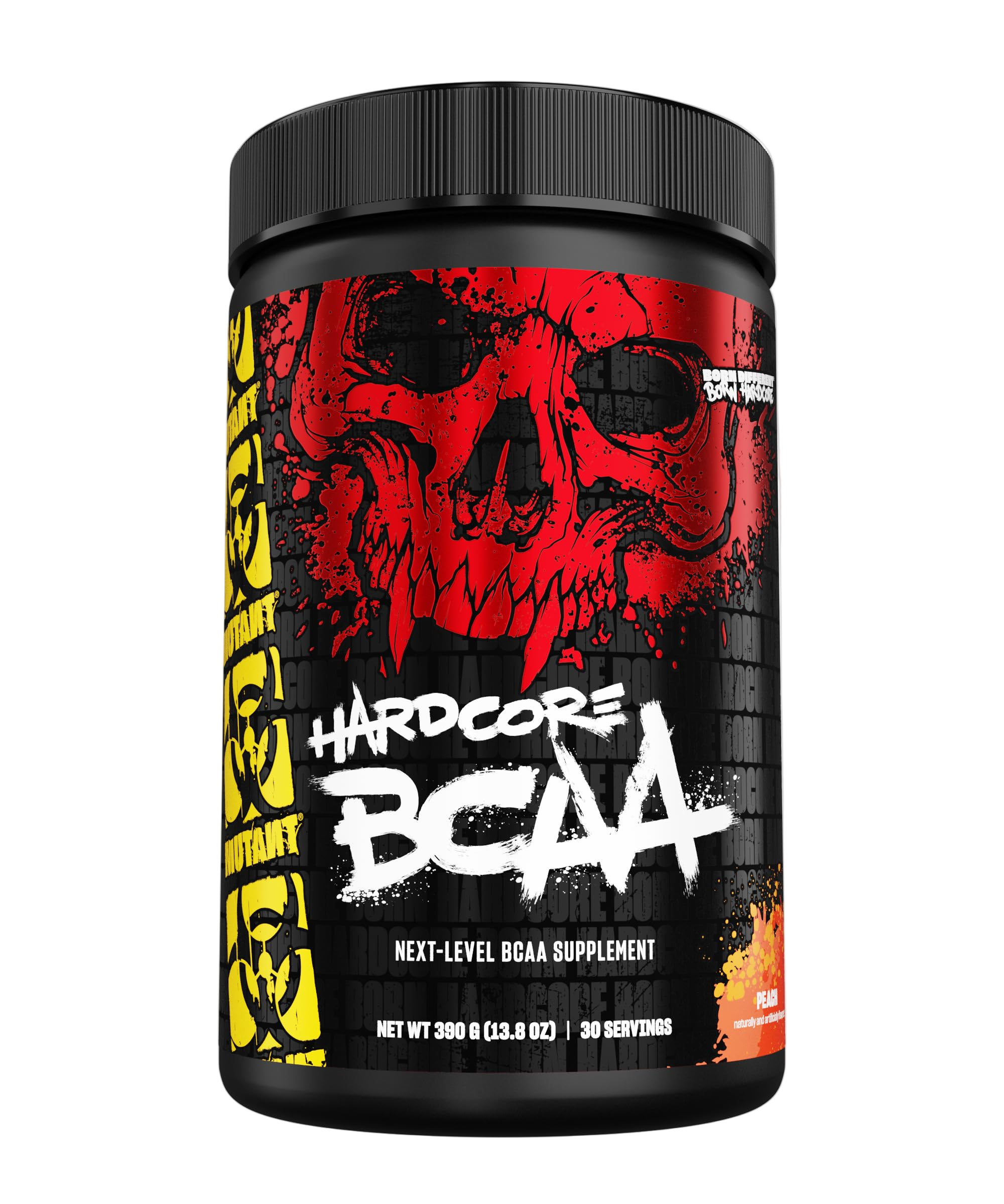 Black supplement container with red skull design and 'Hardcore BCAA' text on a white background