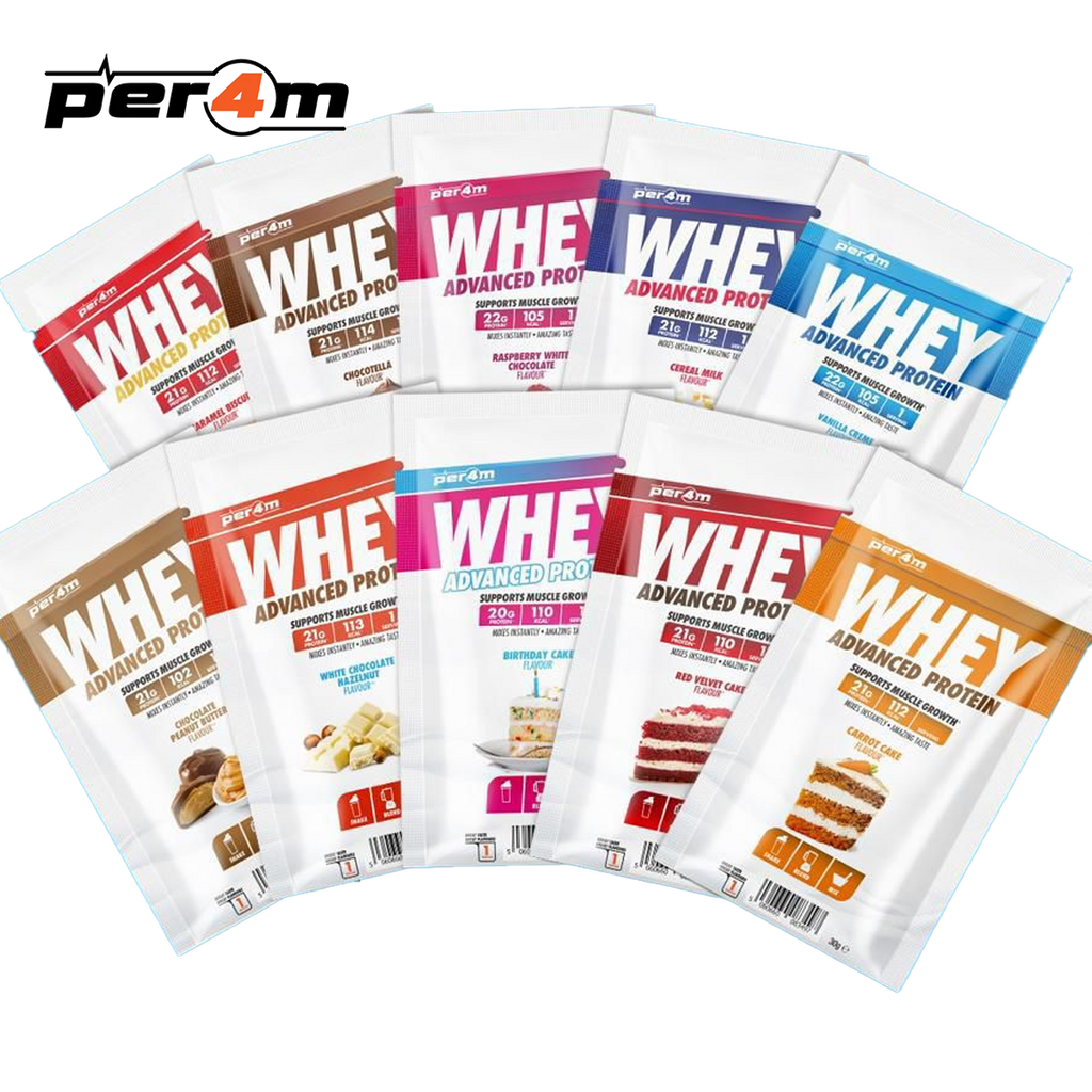Variety pack of Per4m Advanced Whey Protein Sachets in different flavors