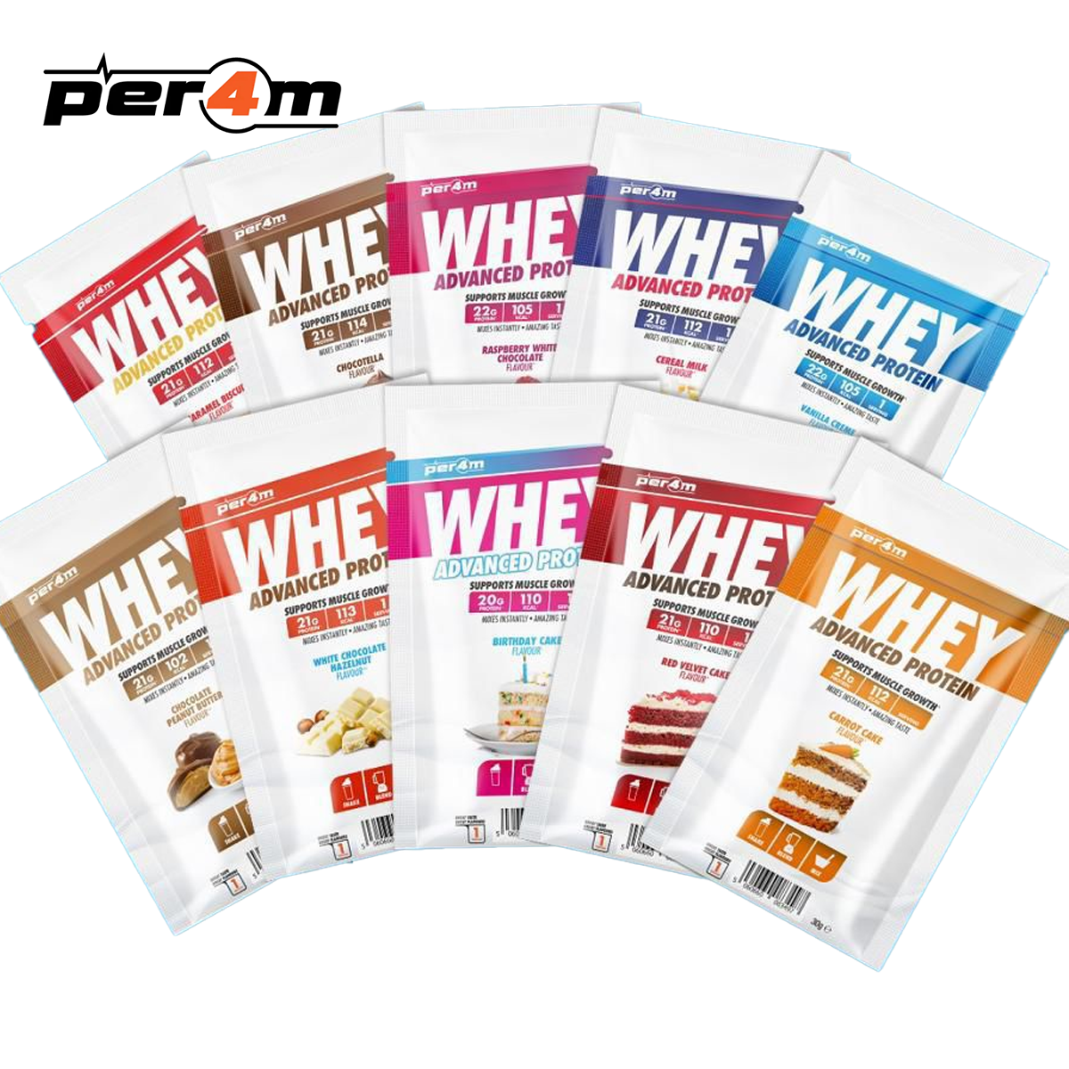 Variety pack of Per4m Advanced Whey Protein Sachets in different flavors