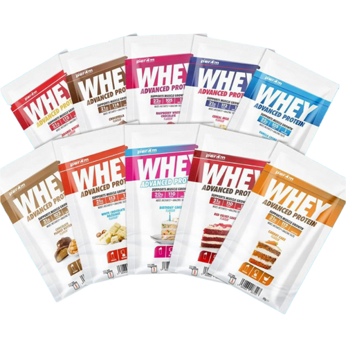 Assorted Per4m Advanced Whey Protein Sachet flavors for muscle gain and recovery
