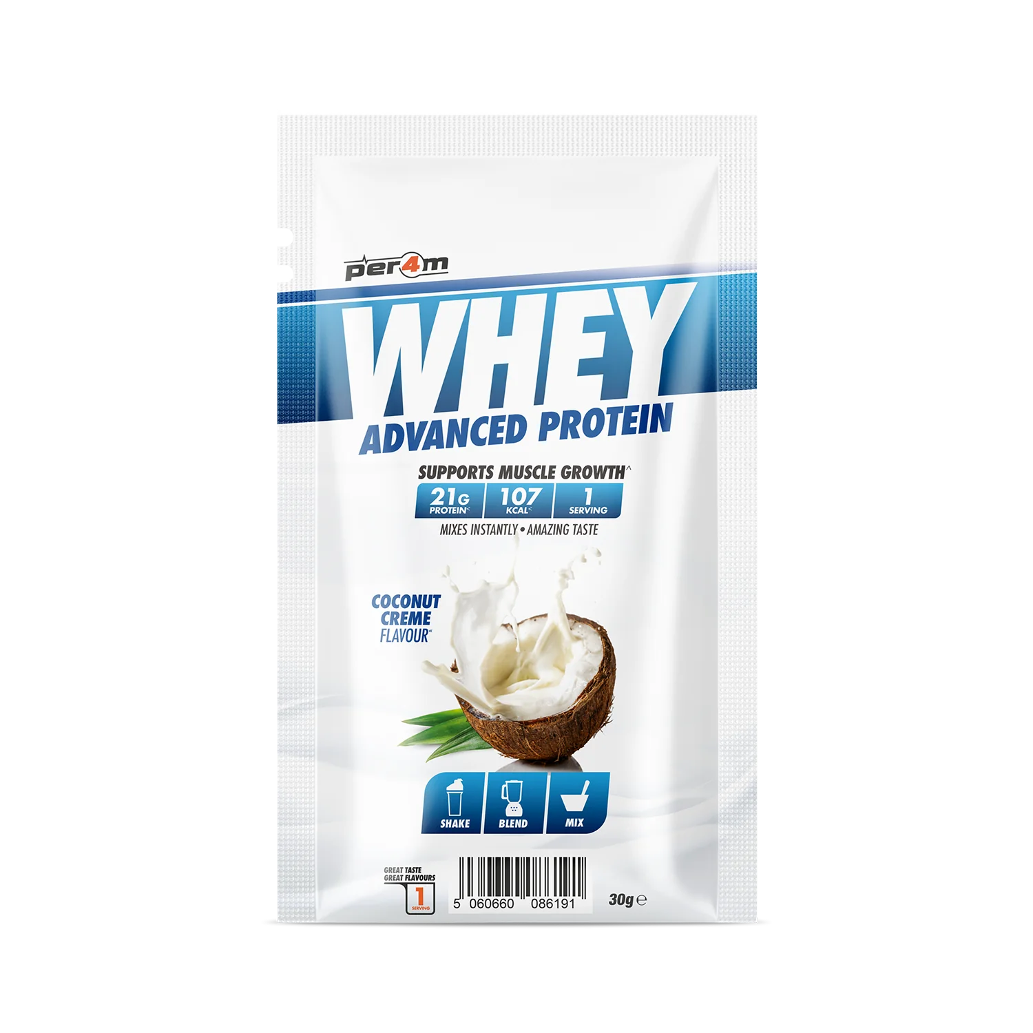 Coconut creme flavored Per4m Advanced Whey Protein Sachet for muscle gains