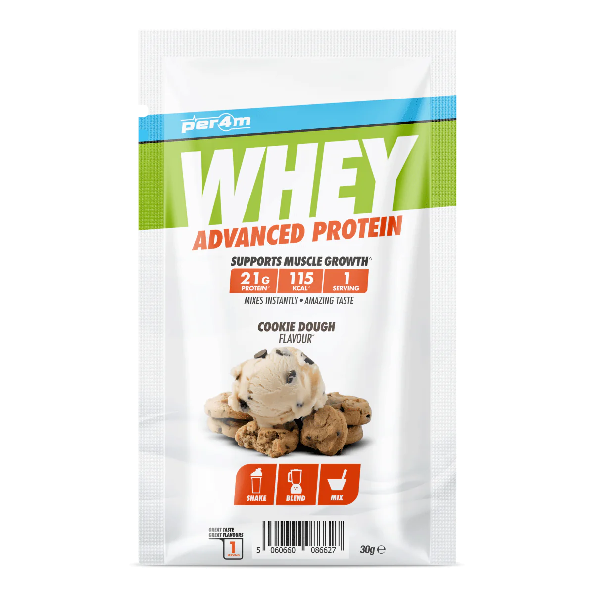 Single-serving Cookie Dough flavored Per4m Advanced Whey Protein Sachet for muscle gains
