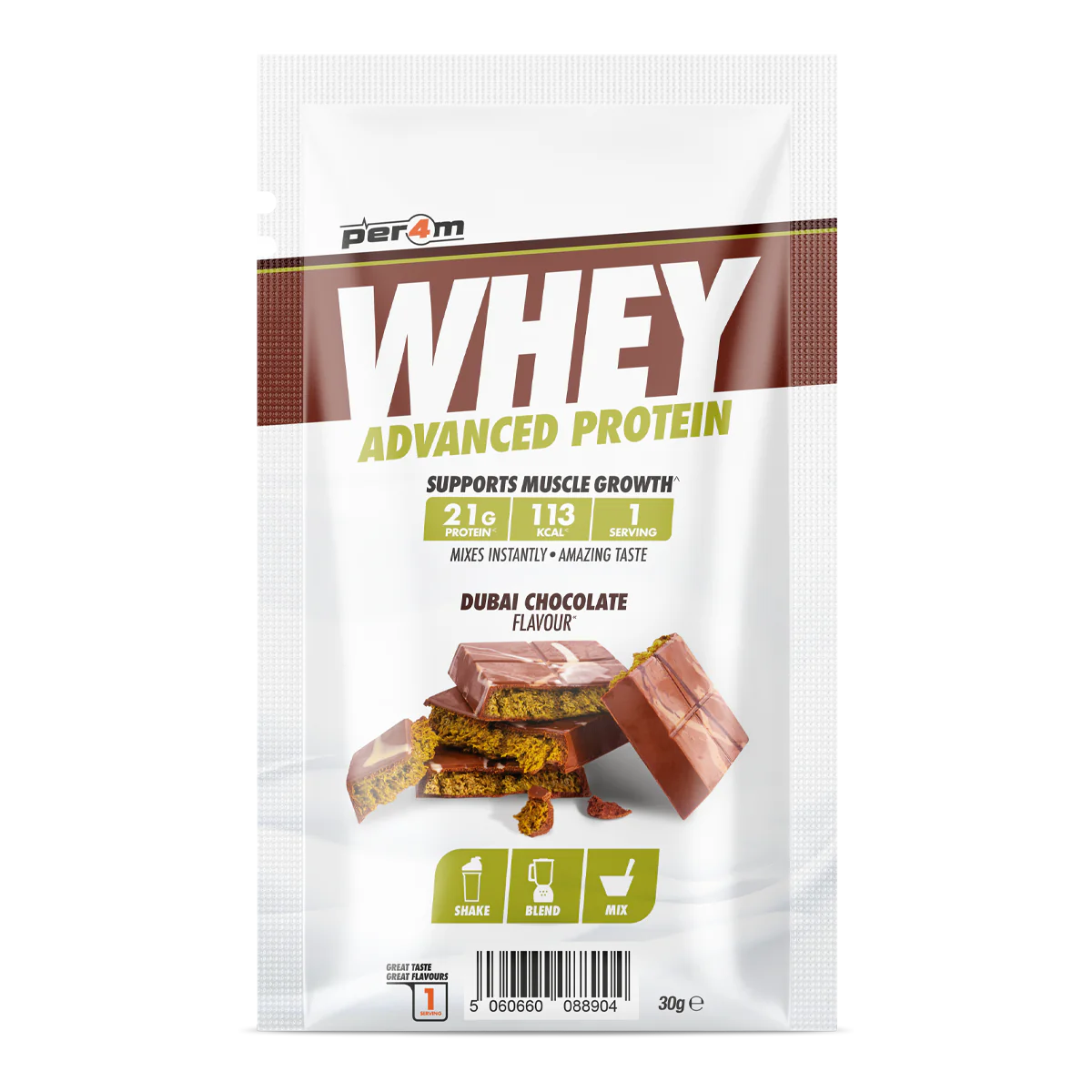 White and brown Dubai chocolate-flavored Per4m Advanced Whey Protein Sachet with 21g protein