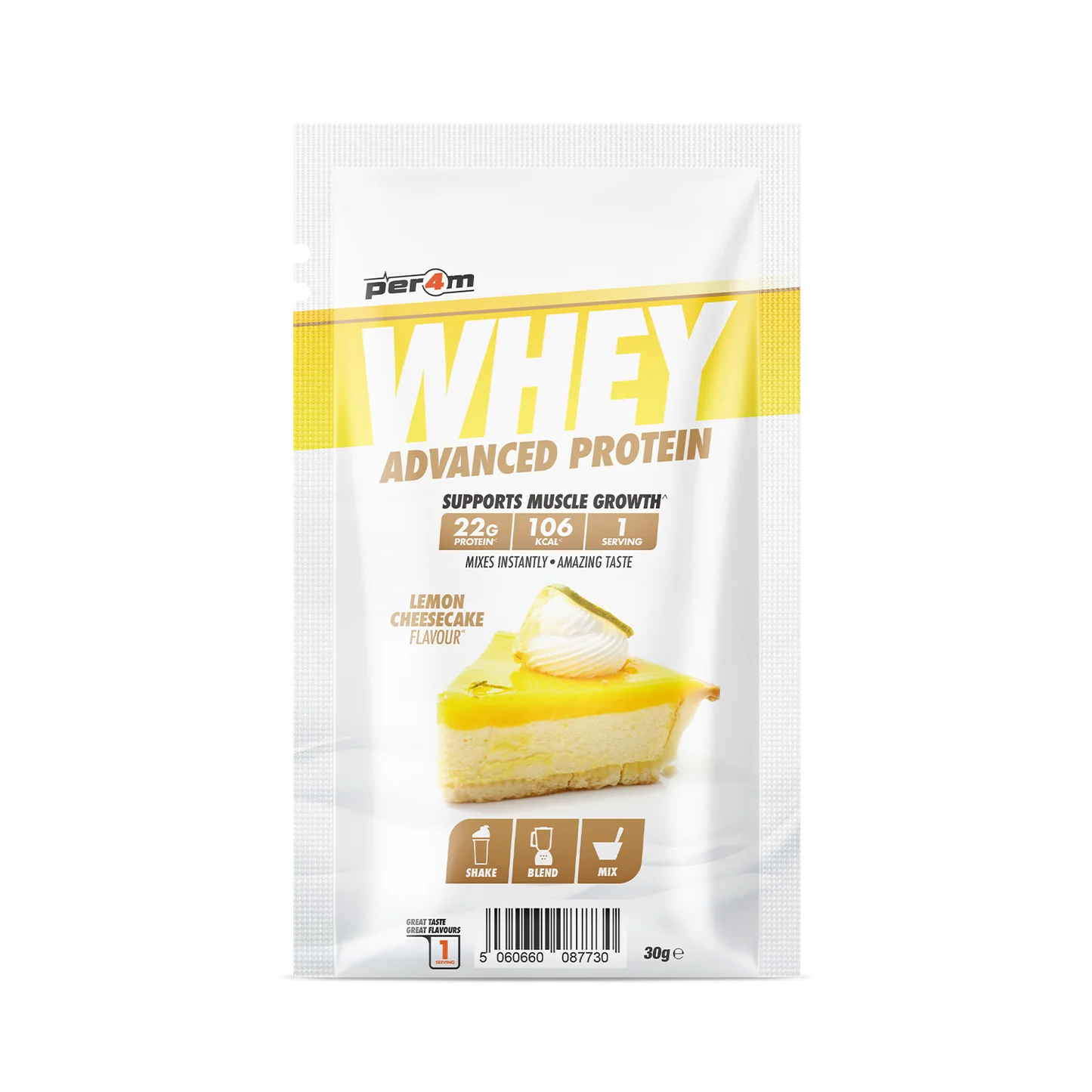 Per4m Advanced Whey Protein Sachet with lemon cheesecake flavor for muscle gains