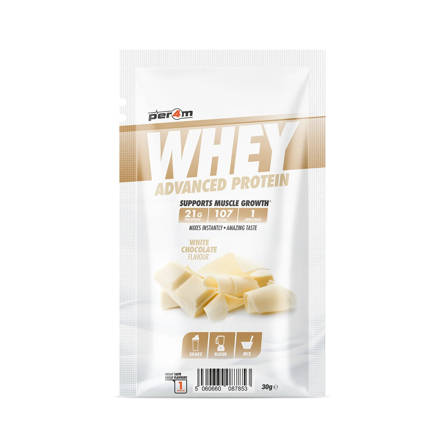 White chocolate-flavored Per4m Advanced Whey Protein Sachet for muscle gains