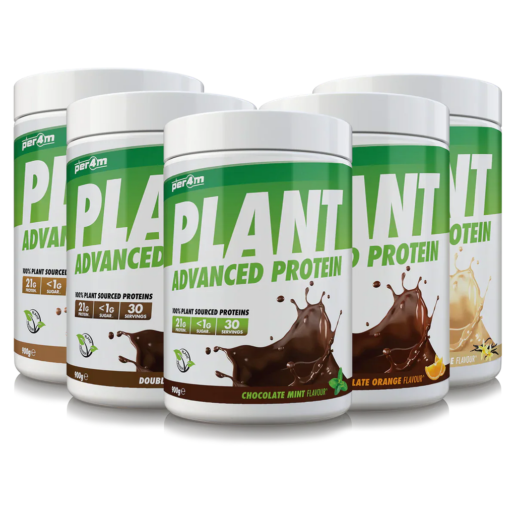 Per4m Plant Protein 908g dairy free containers with various flavors for plant-based protein boost