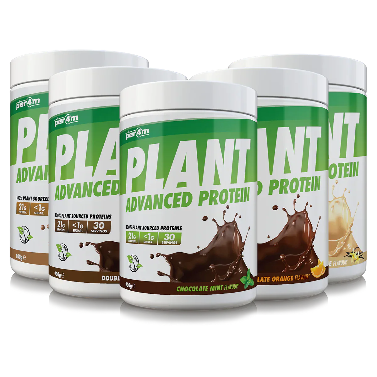 Per4m Plant Protein 908g dairy free containers with various flavors for plant-based protein boost