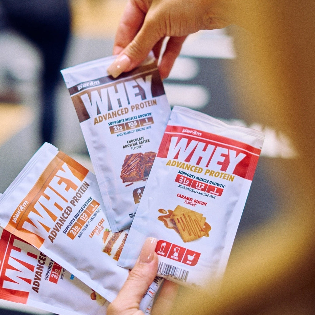 Assorted Per4m Advanced Whey Protein Sachets with different flavors for muscle gain