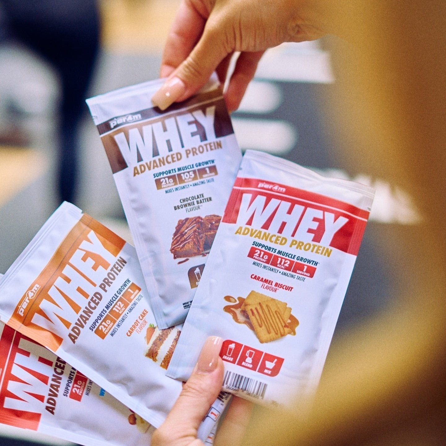 Assorted Per4m Advanced Whey Protein Sachets with different flavors for muscle gain