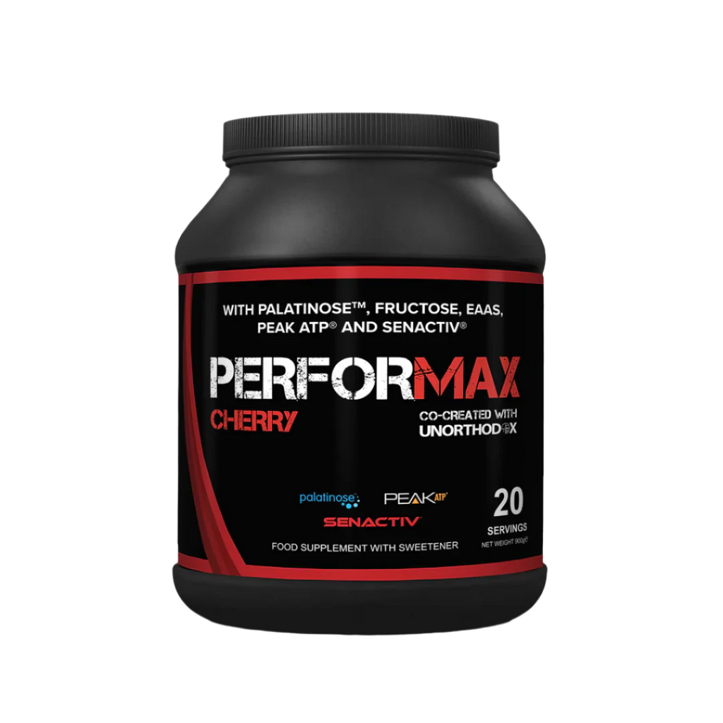 Black tub of Strom Sports PerforMAX Cherry flavored food supplement with 20 servings