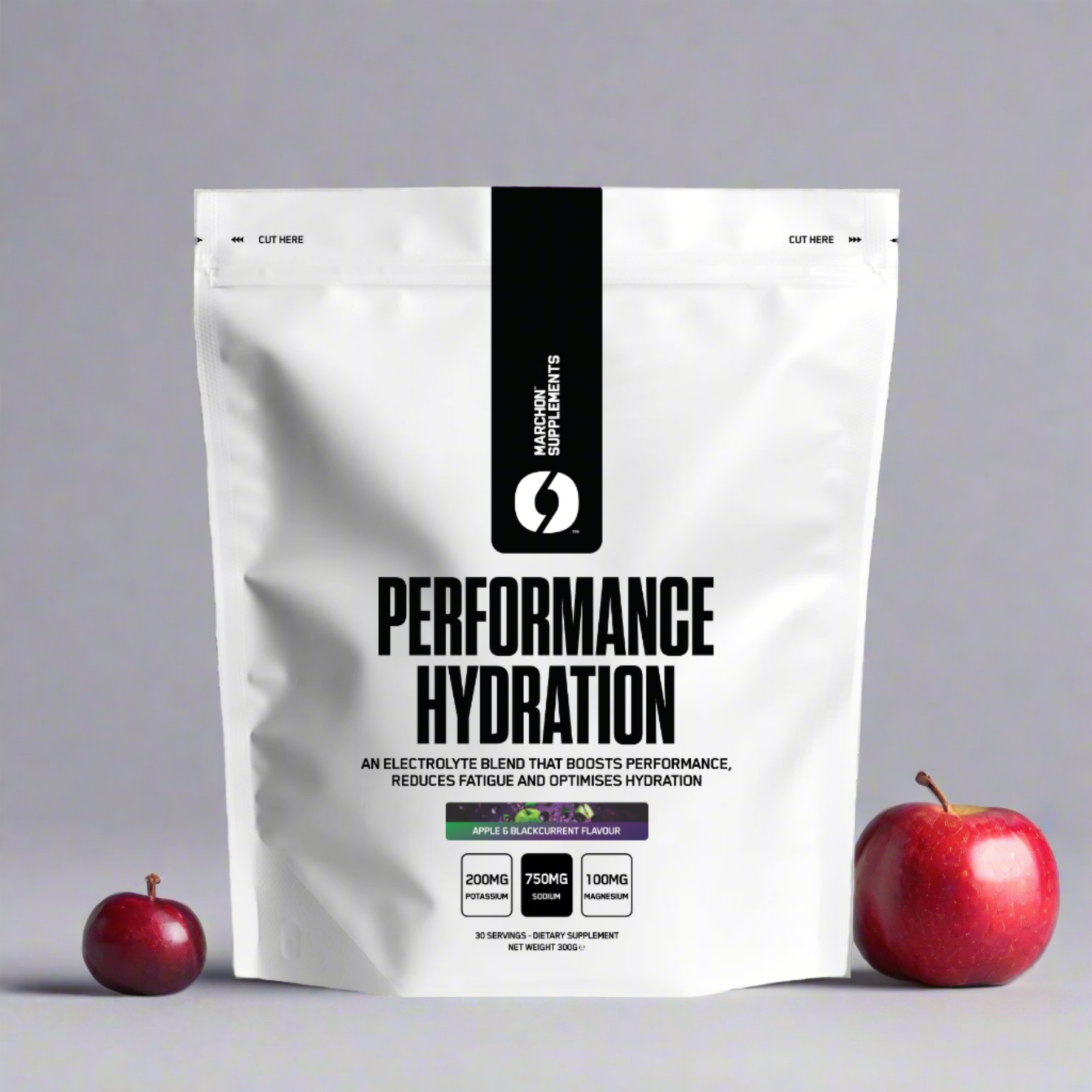 White pouch of Marchon Performance Hydration with apple and plum for electrolyte blend