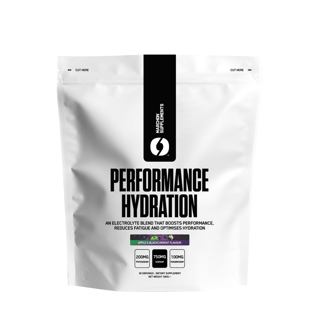 White pouch of Marchon Performance Hydration with apple blackcurrant flavor and electrolyte blend