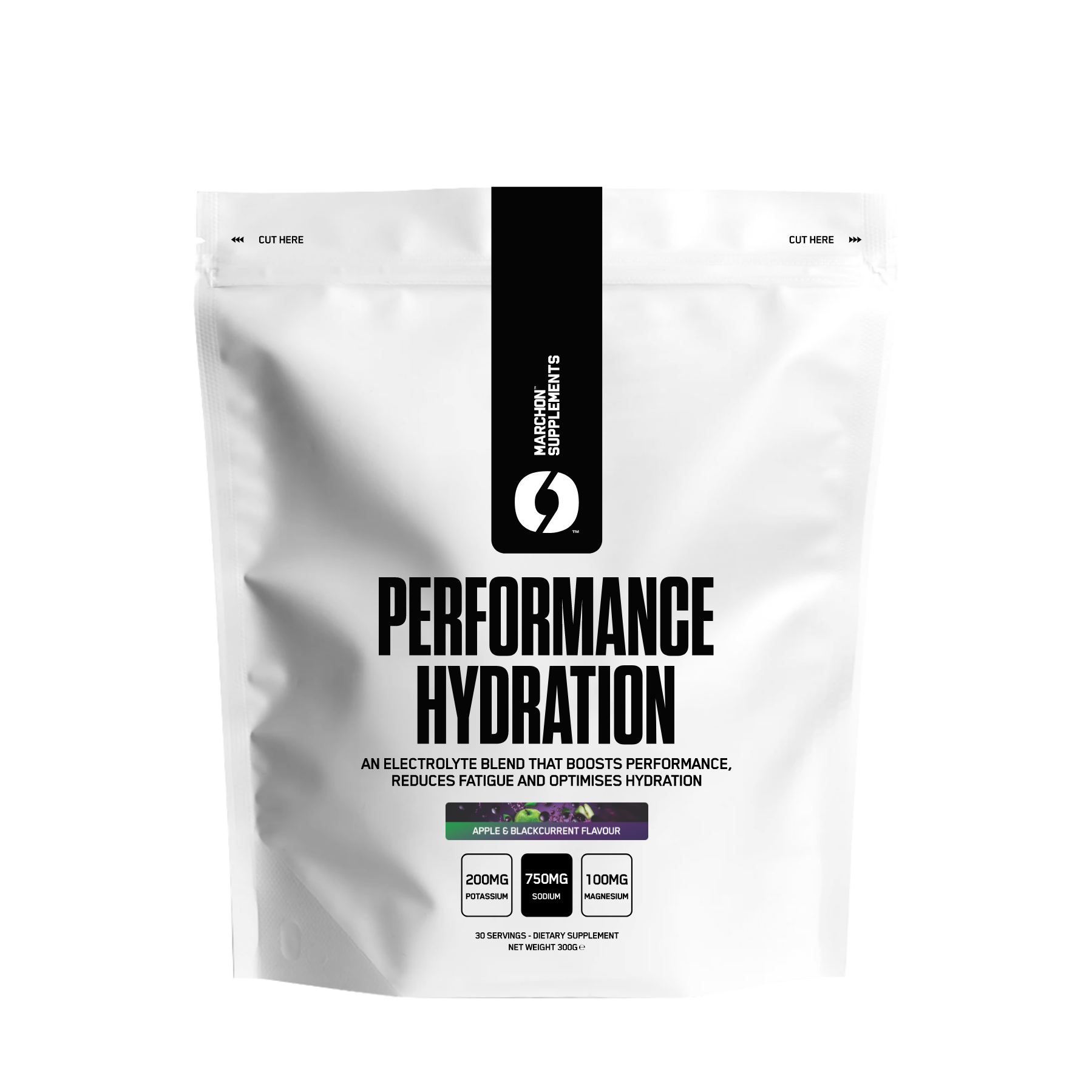 White pouch of Marchon Performance Hydration with apple blackcurrant flavor and electrolyte blend