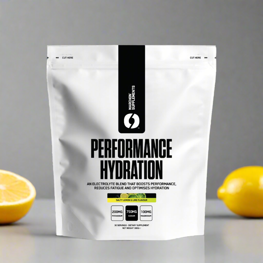 White pouch of Marchon Supplements Performance Hydration with electrolyte blend for muscle function