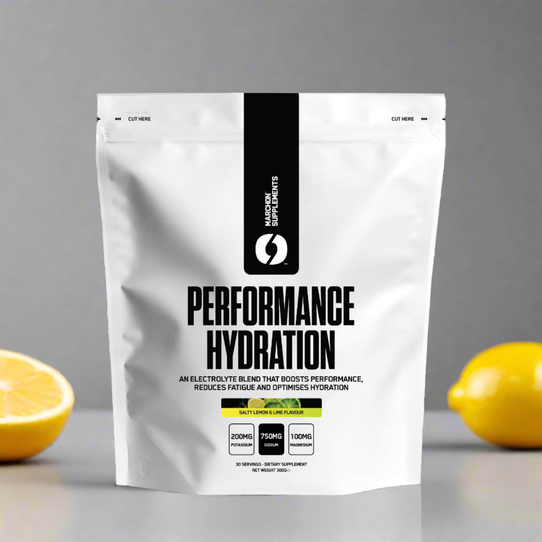 White pouch of Marchon Supplements Performance Hydration with electrolyte blend for muscle function