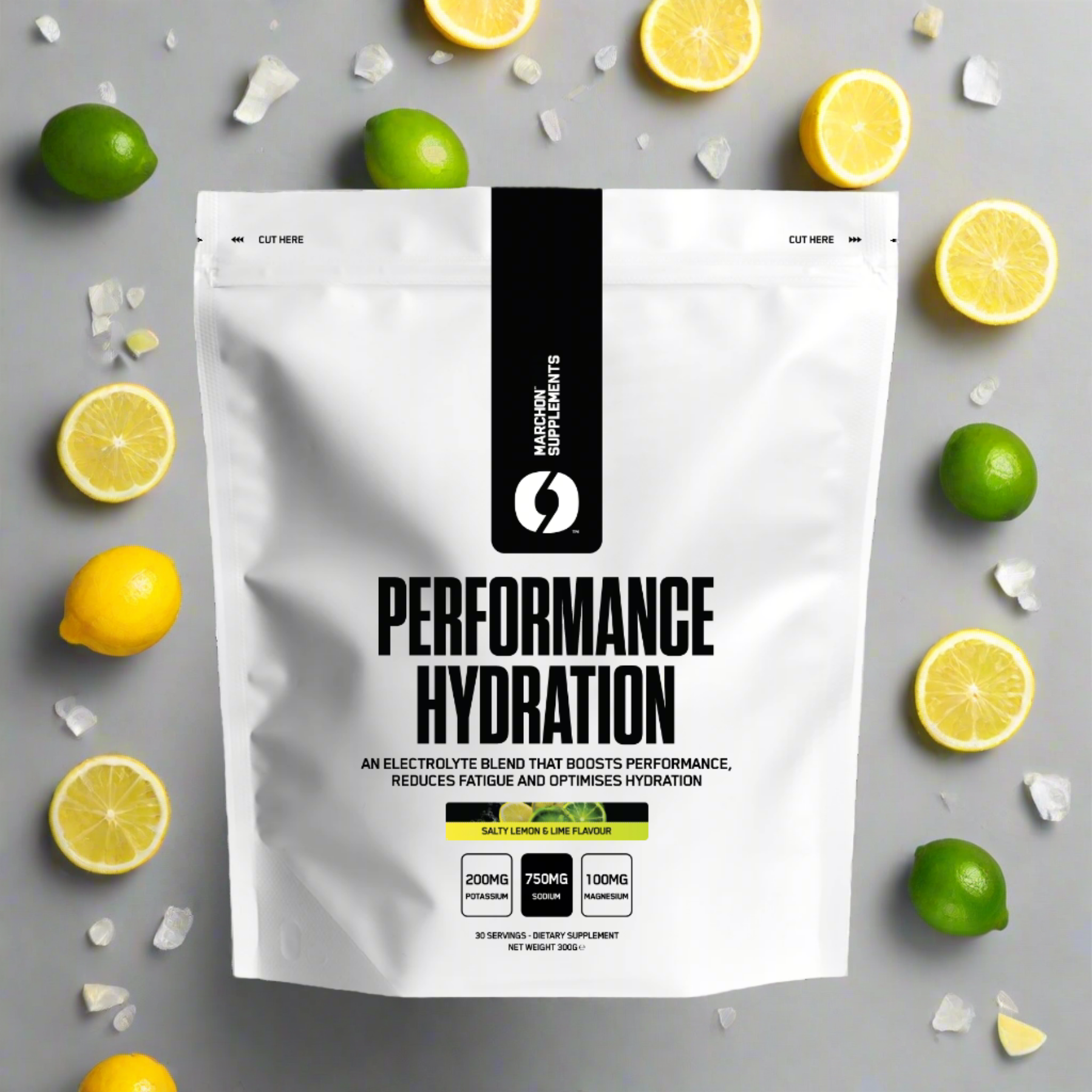 White pouch of Marchon Performance Hydration electrolyte blend with Salty Lemon Lime flavor