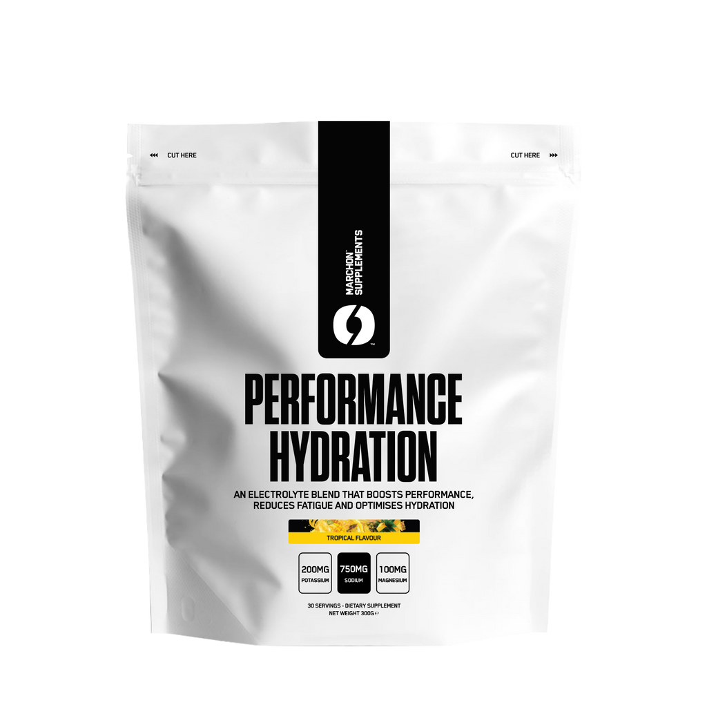 White pouch of Marchon Performance Hydration electrolyte blend for muscle function
