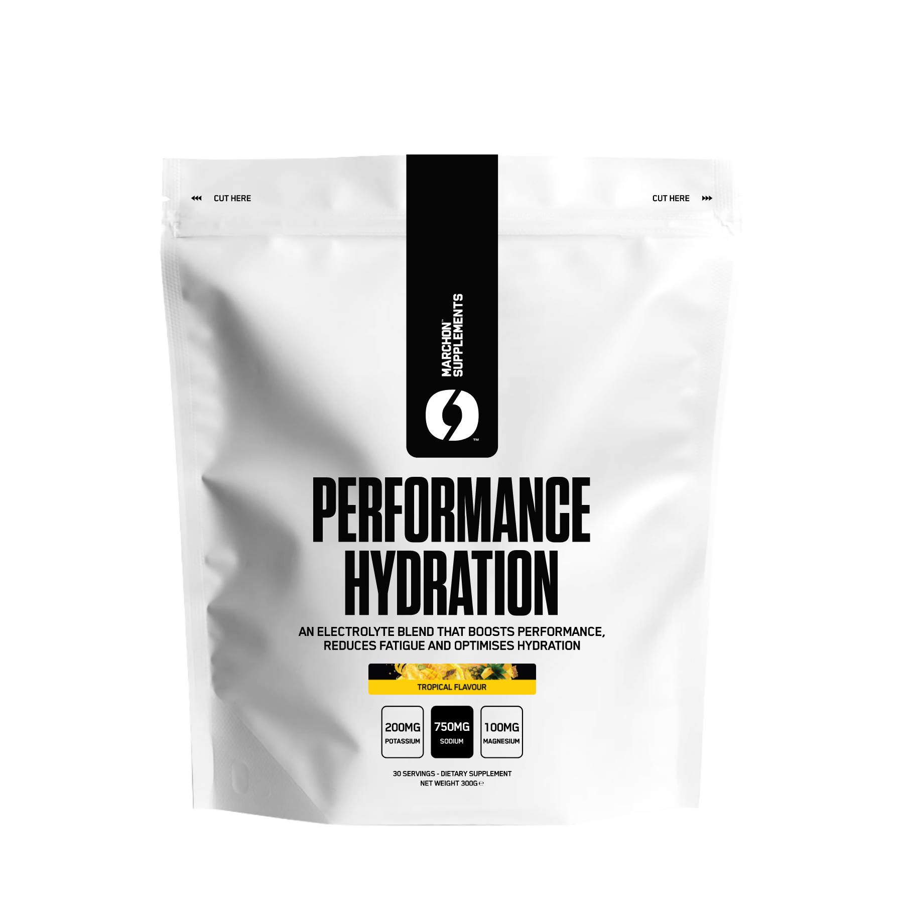 White pouch of Marchon Performance Hydration electrolyte blend for muscle function