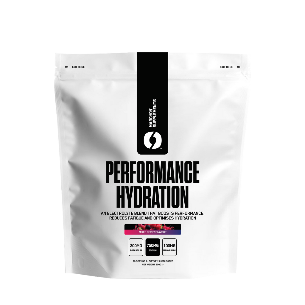 Marchon Performance Hydration electrolyte blend pouch with mixed berry flavor for muscle function