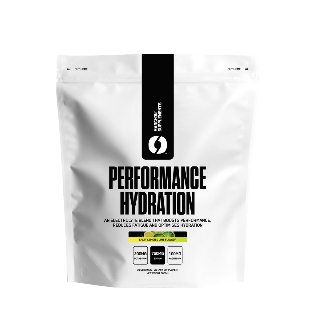 White pouch of Marchon Performance Hydration electrolyte blend for muscle function and hydration