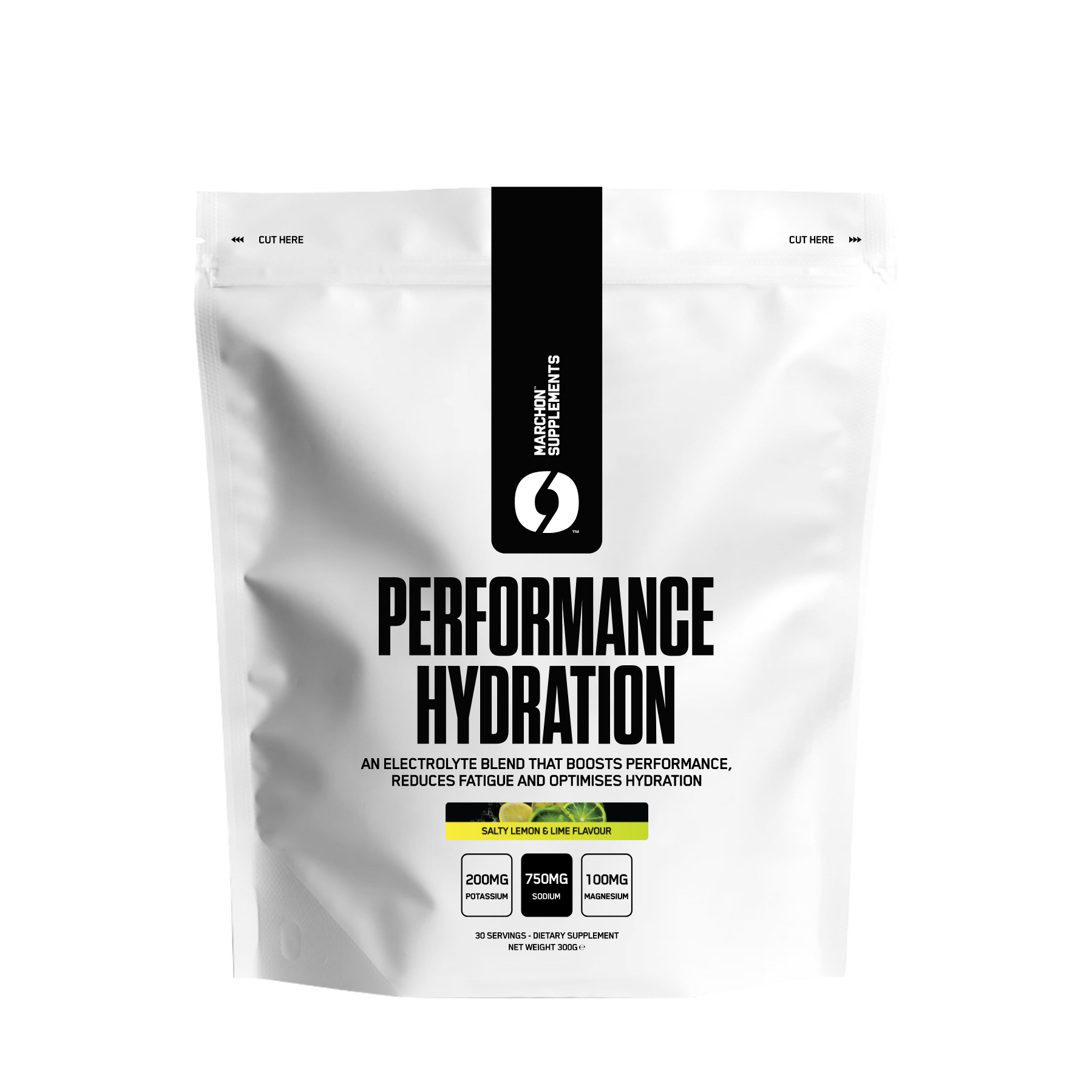 White pouch of Marchon Performance Hydration electrolyte blend for muscle function and hydration