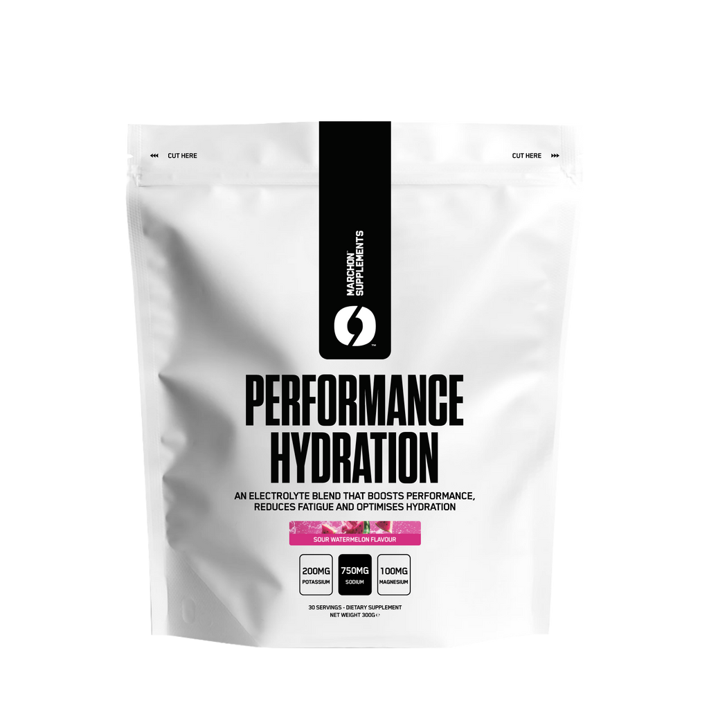 White pouch of Marchon Performance Hydration electrolyte blend with Sour Watermelon flavor for muscle function