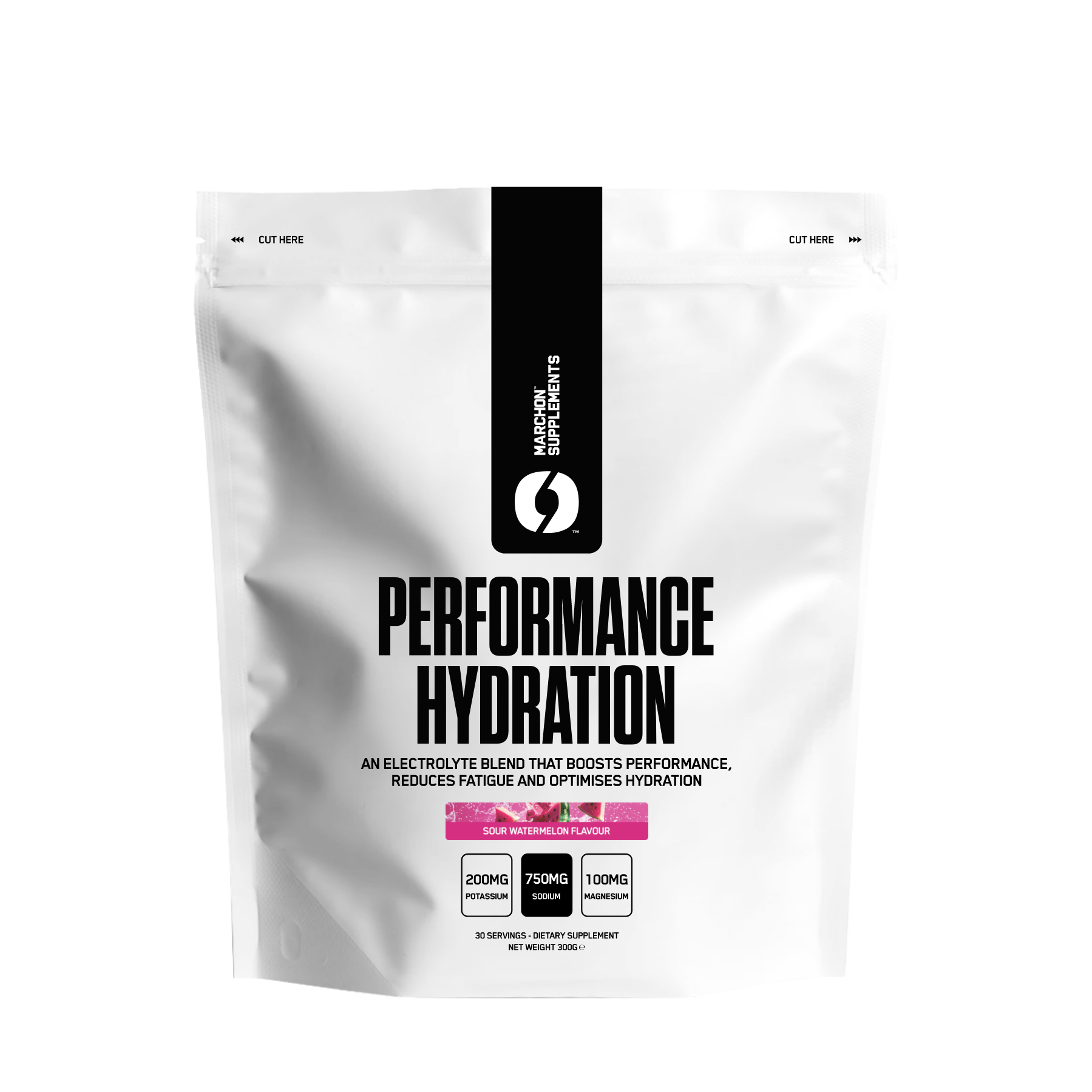 White pouch of Marchon Performance Hydration electrolyte blend with Sour Watermelon flavor for muscle function