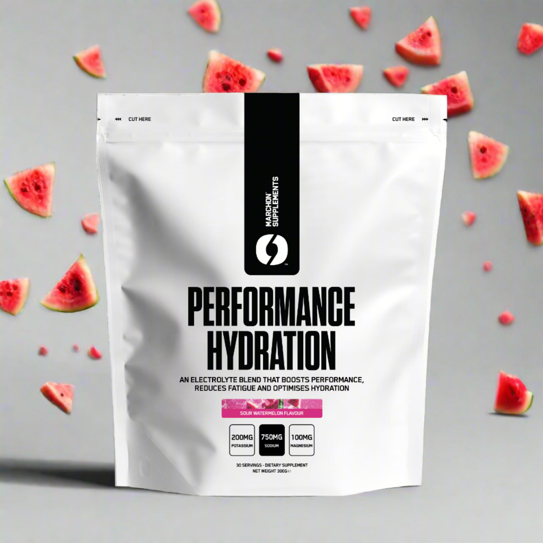 White pouch of Marchon Performance Hydration electrolyte blend for muscle function