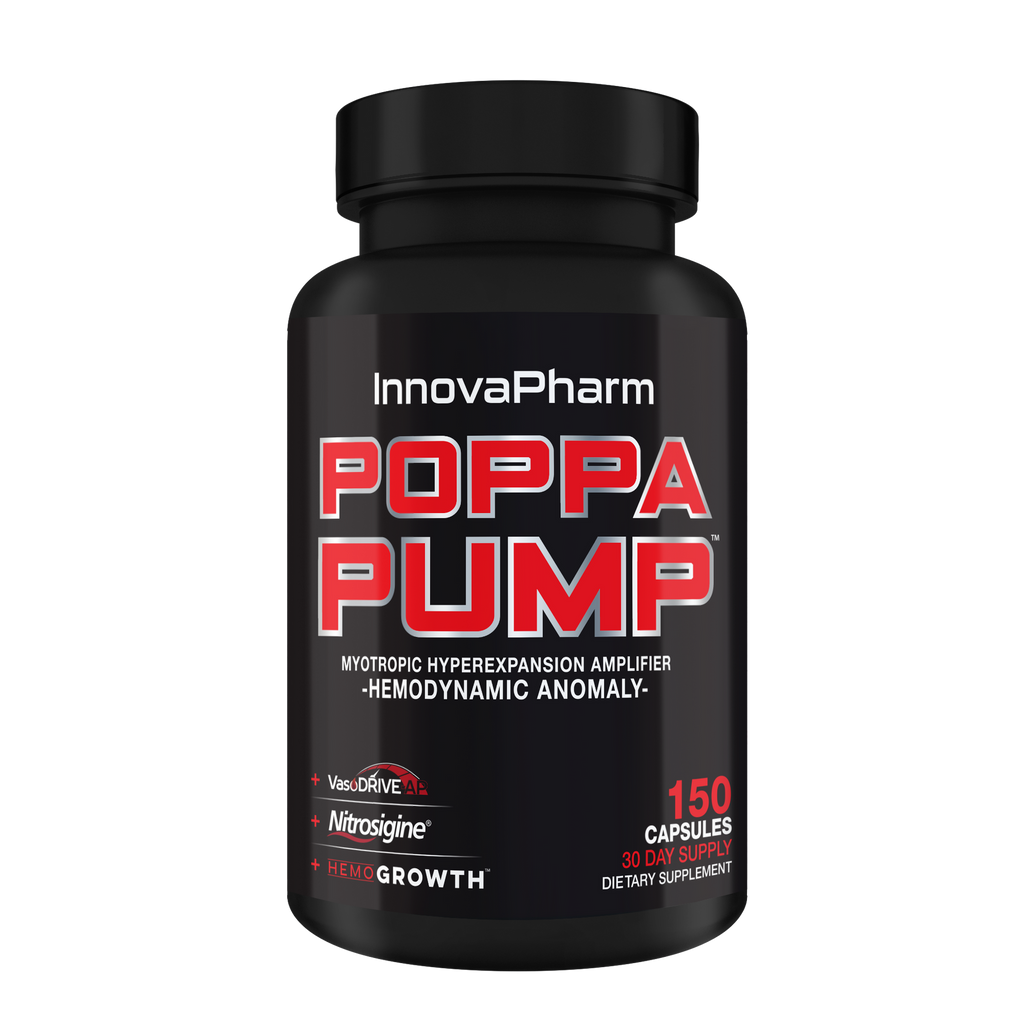 Black plastic bottle of Innovapharm Poppa Pump dietary supplement capsules for muscle pumps