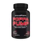 Black plastic bottle of Innovapharm Poppa Pump dietary supplement capsules for muscle pumps