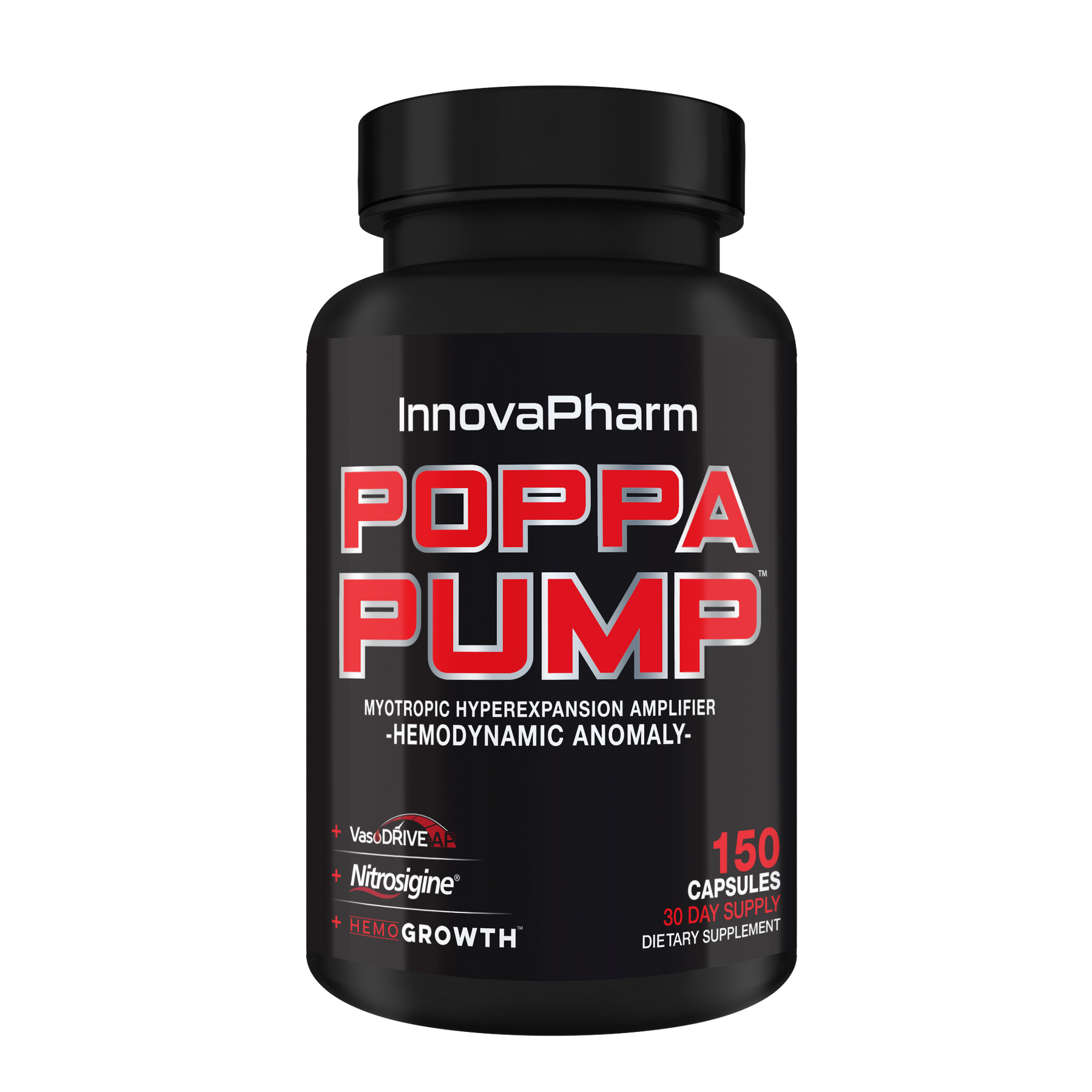 Black plastic bottle of Innovapharm Poppa Pump dietary supplement capsules for muscle pumps