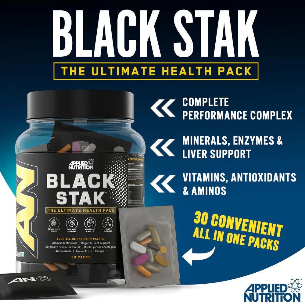 Black Stak dietary supplement bottle with capsules, root extract, and orthophosphoric acid
