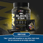 Clear plastic jar of Applied Nutrition Black Stak with capsules, root extract, orthophosphoric acid