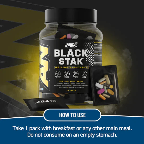 Clear plastic jar of Applied Nutrition Black Stak with capsules, root extract, orthophosphoric acid