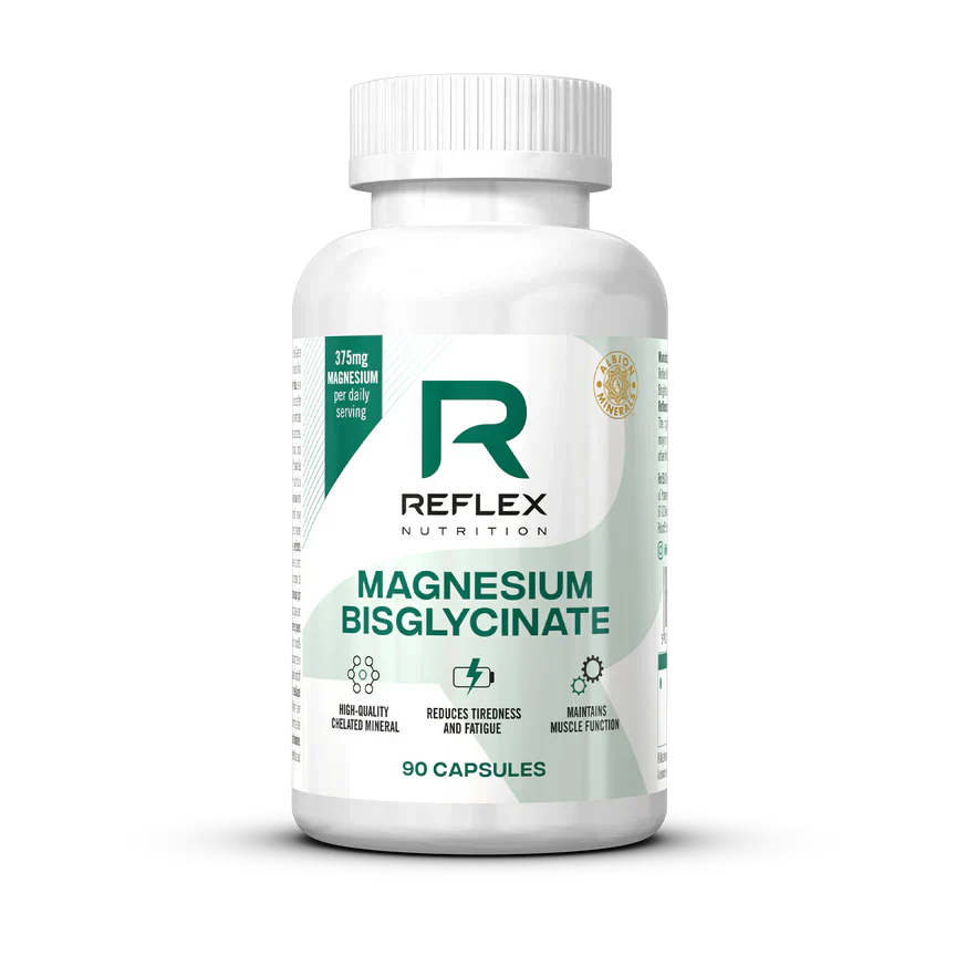 White bottle of Reflex Nutrition Magnesium Bisglycinate capsules with chelated minerals