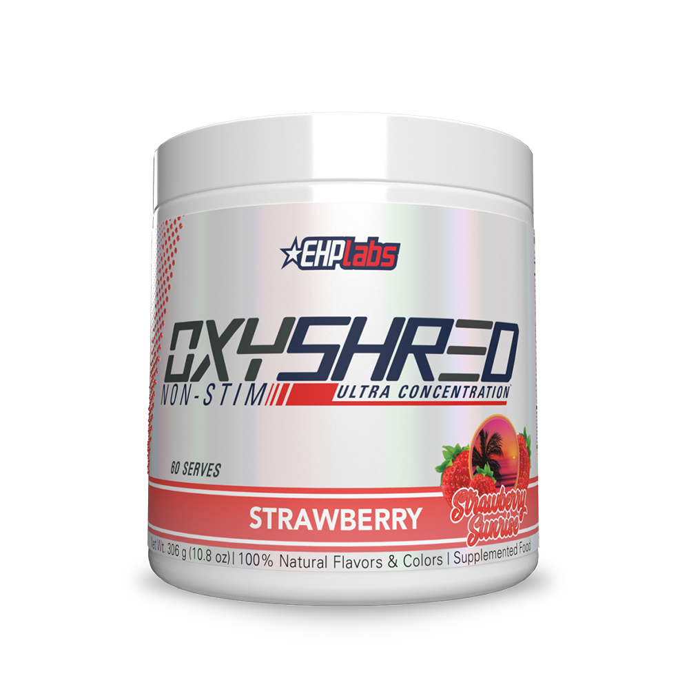 Strawberry flavored EHP Labs OxyShred Non-Stim fat burner powder for fat loss