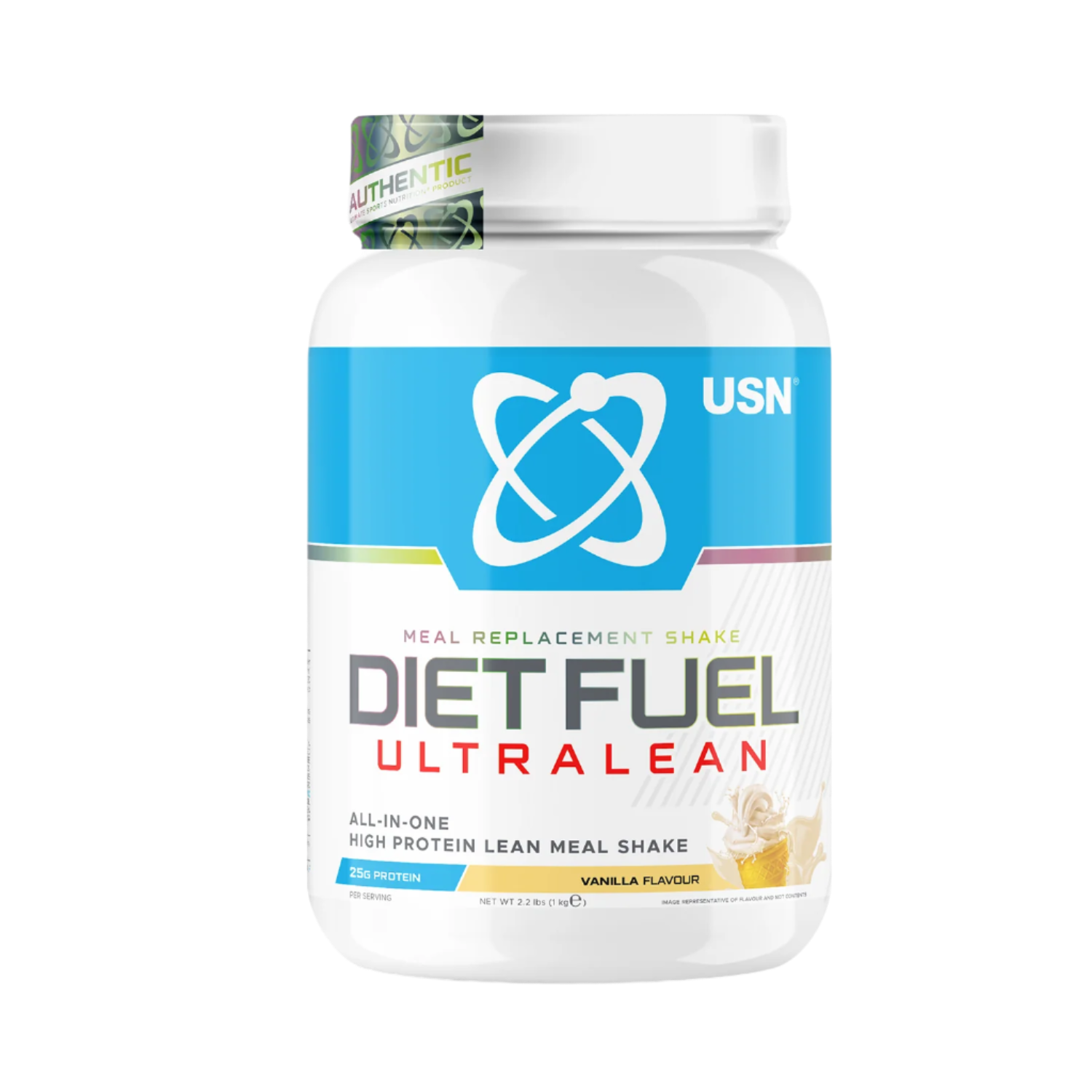 White and blue USN Diet Fuel Ultralean meal replacement shake for high protein calorie control