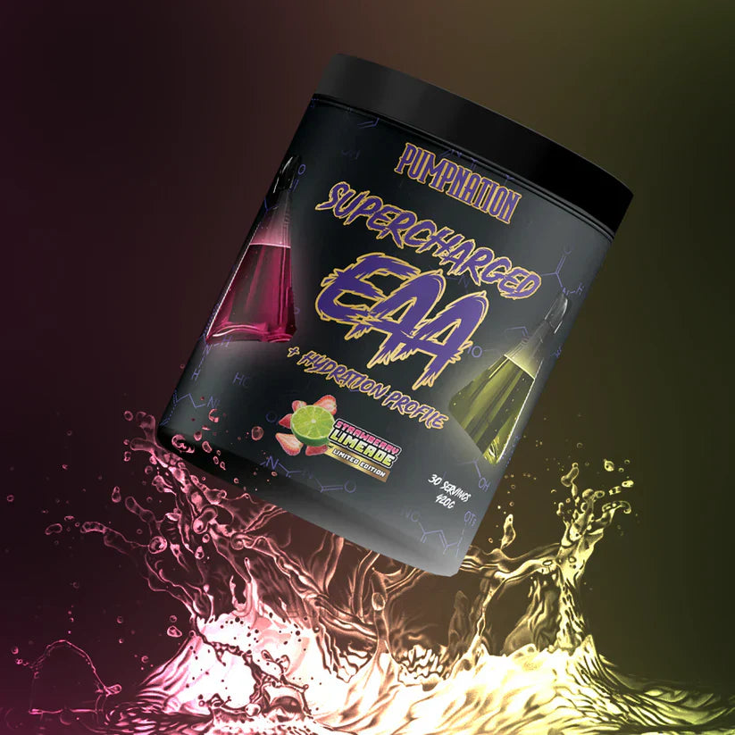 Black Pump Nation SuperCharged EAA container with Strawberry Limenade flavor for muscle growth