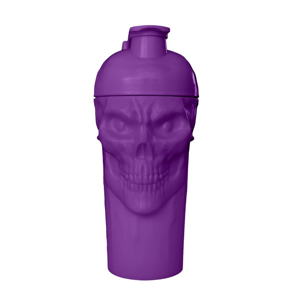 Purple sports skull shaker bottle with bold skull design made from BPA-free materials